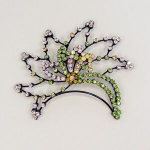 Green Yellow Rhinestone Floral Spray Brooch Gunmetal Tone Botanical Pin Y2K Chic